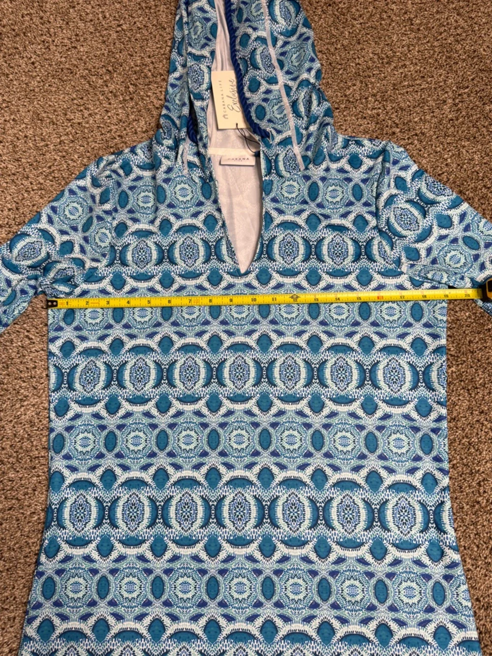 Cabana Life Road Map Hooded UPF 50 Coverup Blue White Tassel Tie NWT Size S